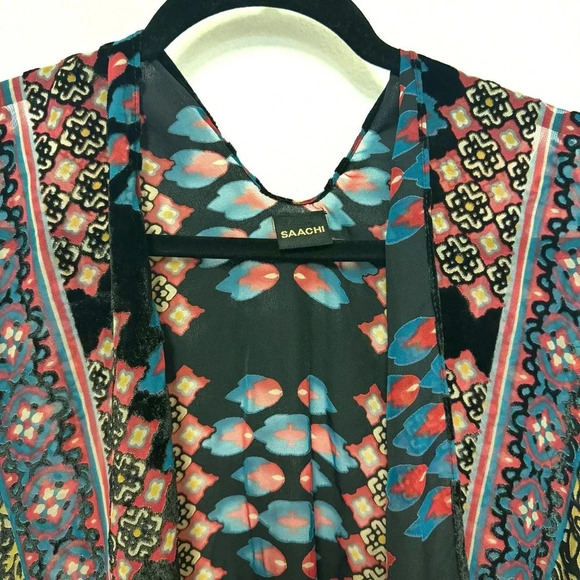 NWOT $200 SAACHI Mix Print Velvet Burnout Ruana Kimono - Boho Bohemian Top - Picture 4 of 9